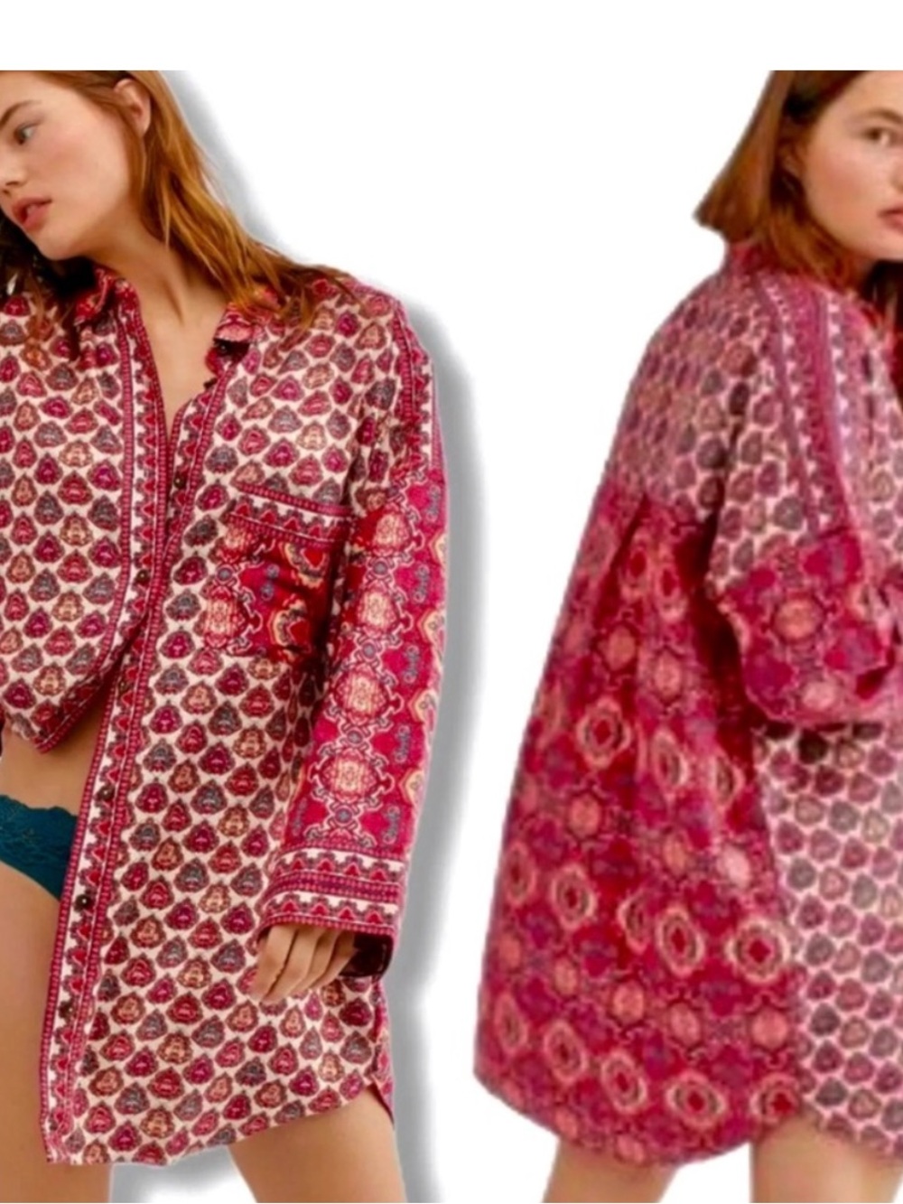 Free People Sleep Shirt Holibabe Printed paisley Button Down in Red & Cream